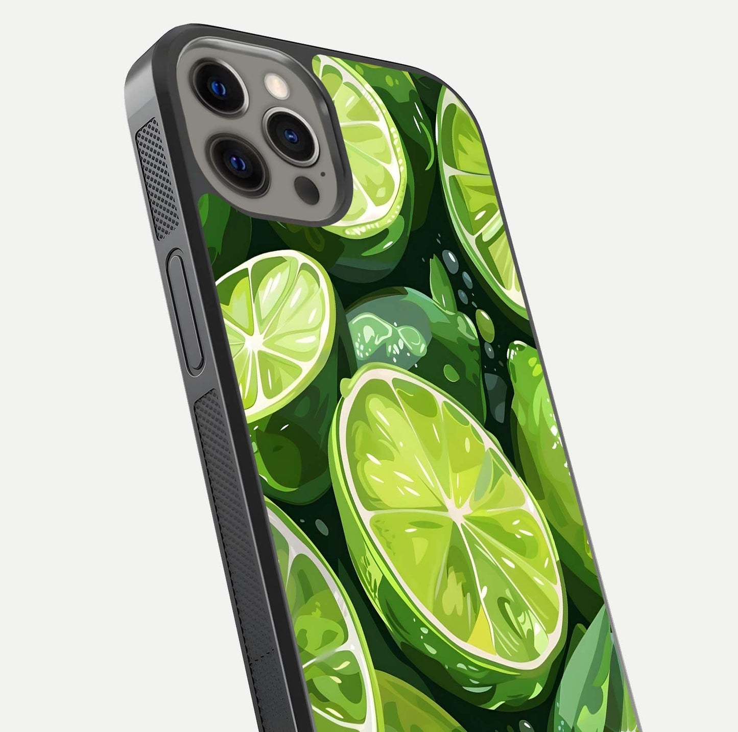 Green Lemon Glass Case for iPhone 12 Pro Max close-up angled shot showing lemon slice texture and reflection brightness