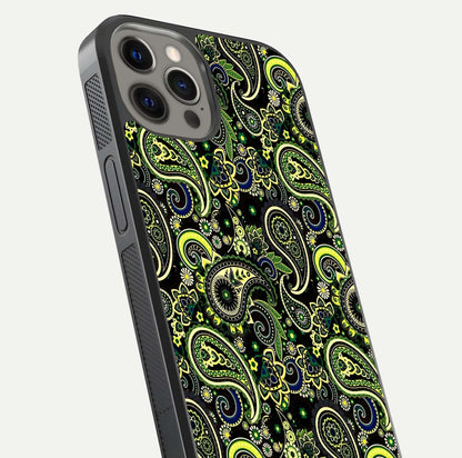 Green Mandala Pattern Glass Case for iPhone 12 Pro Max close-up angled shot showing fine detailing and gold-green reflection