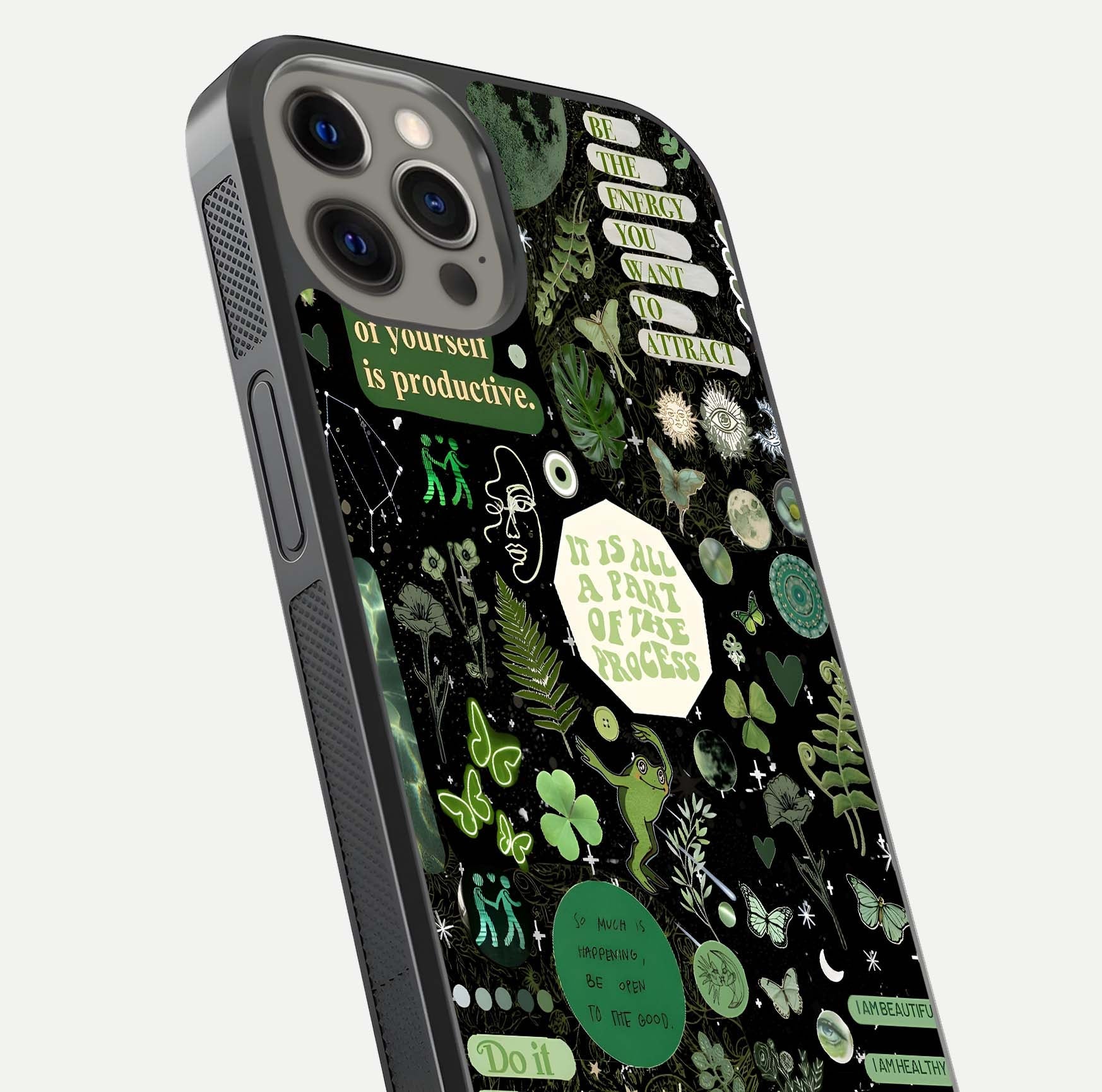 Green Moon Energy Glass Case for iPhone 12 Pro Max close-up angled shot showing glowing lunar detail and reflection shine