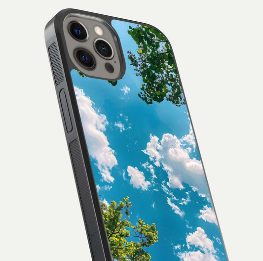 Greenery Sky Glass Case for iPhone 12 Pro Max close-up angled shot showing leafy tones and reflection brightness