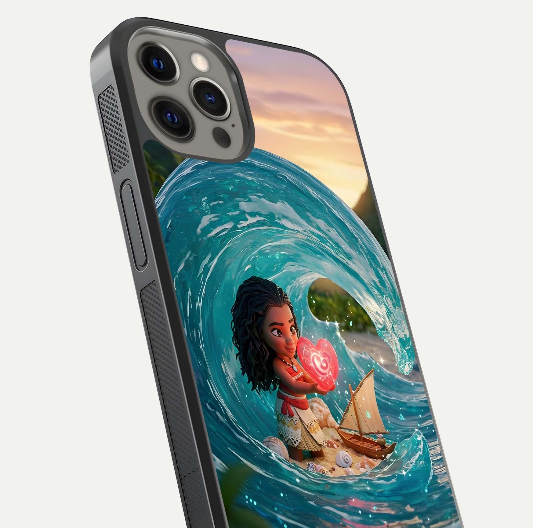 Heart of Ocean Glass Case for iPhone 12 Pro Max close-up angled shot showing blue tones and reflection shine