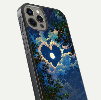 Heart with Moon Sky Glass Case for iPhone 12 Pro Max close-up angled shot showing lunar reflection and shine detail