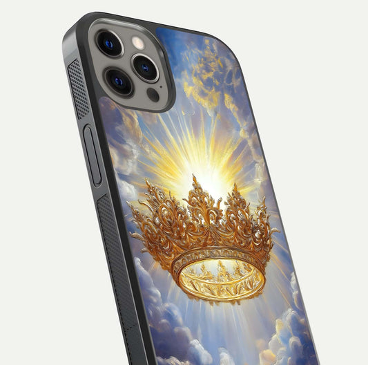 Heavenly Crown Light Glass Case for iPhone 12 Pro Max close-up angled shot showing glowing halo details and smooth reflection