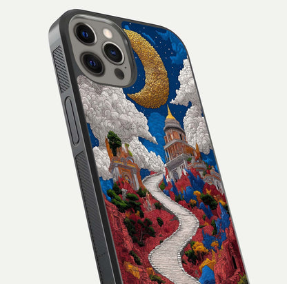Heavenly Moon Path Glass Case for iPhone 12 Pro Max close-up angled shot showing moon reflection and shimmer texture