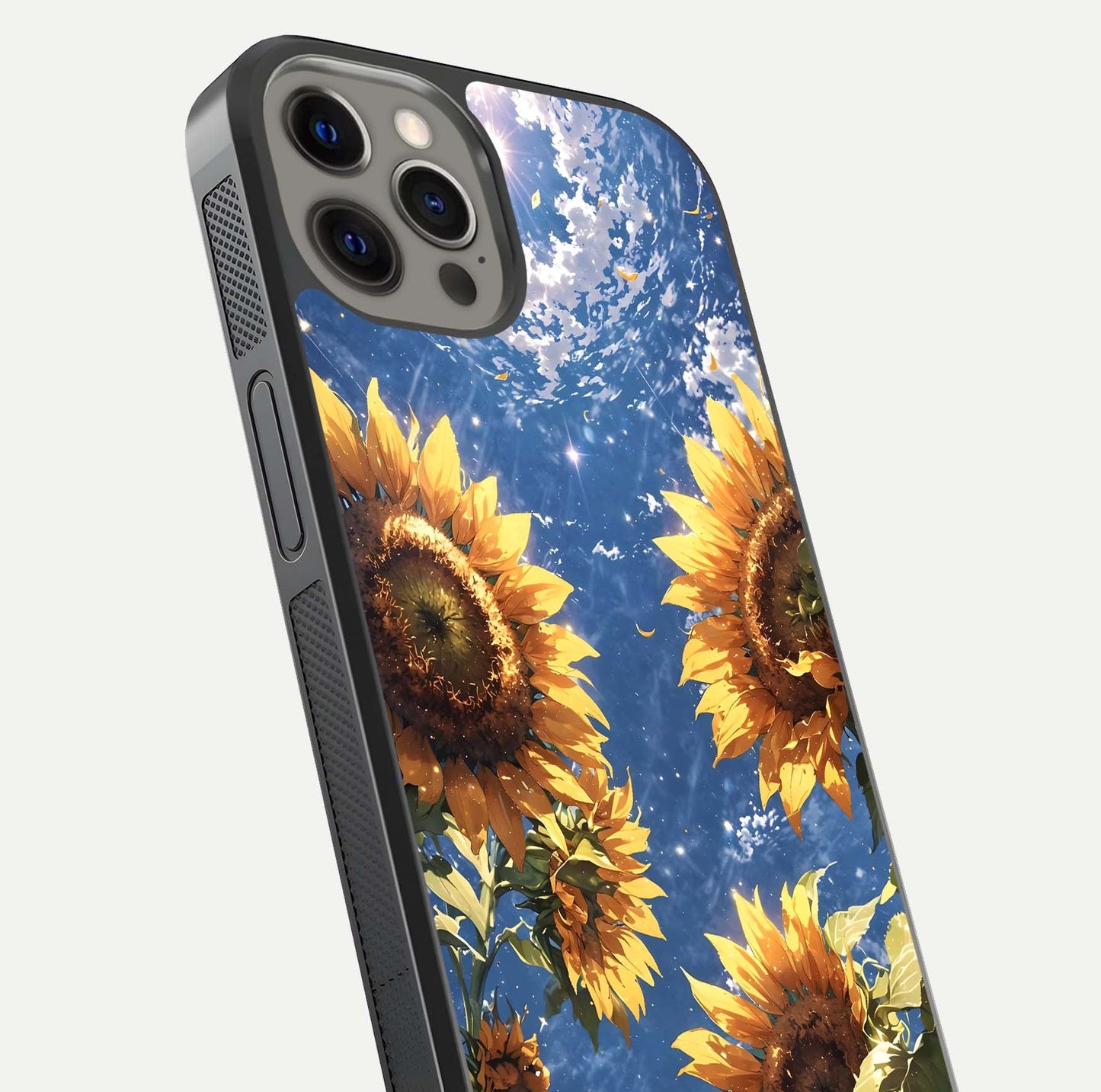 Heavenly Sunflower Rise Glass Case for iPhone 12 Pro Max close-up angled shot showing sunflower texture and reflection polish