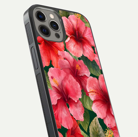Hibiscus Pattern Glass Case for iPhone 12 Pro Max close-up angled shot showing flower details and gloss reflection