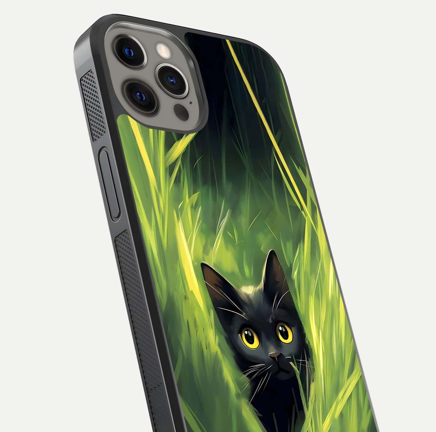 Hidden Cat Whisper Glass Case for iPhone 12 Pro Max close-up angled shot showing feline details and reflection polish
