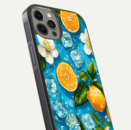 Ice Cube With Orange Glass Case for iPhone 12 Pro Max close-up angled shot showing orange slices and ice reflections