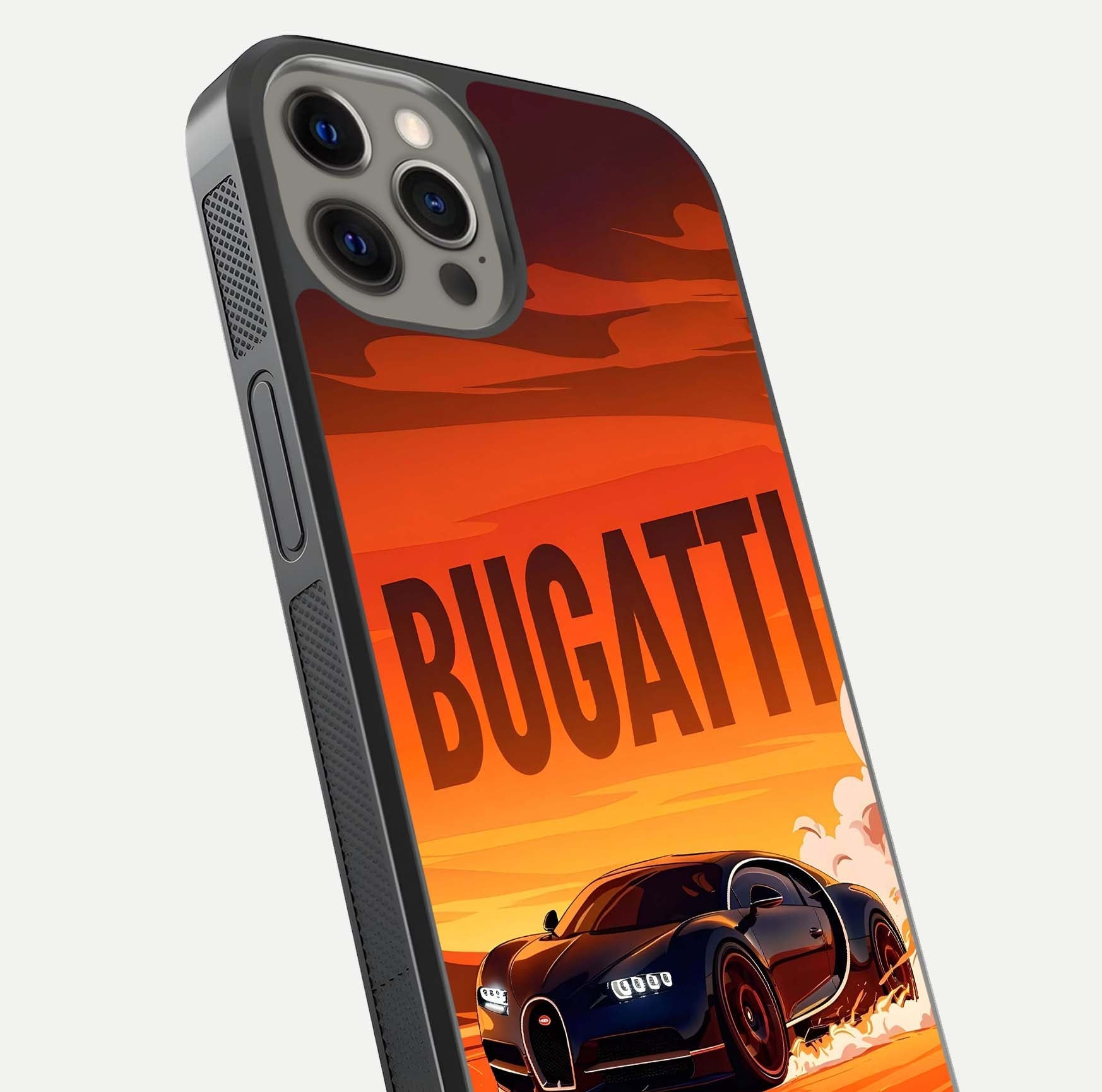 Inferno Bugatti Storm Glass Case for iPhone 12 Pro Max close-up angled shot showing flame details and reflection shine