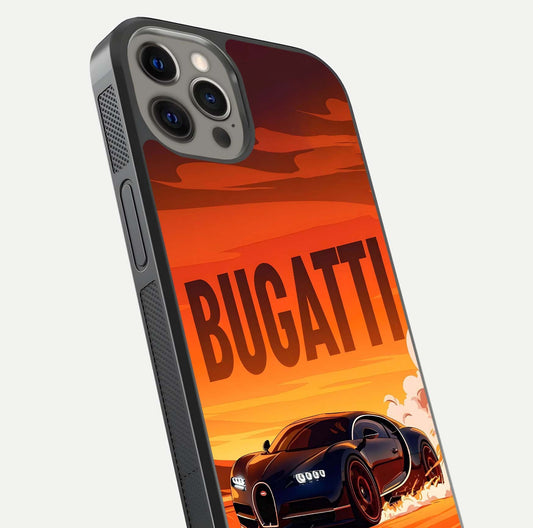 Inferno Bugatti Storm Glass Case for iPhone 12 Pro Max close-up angled shot showing flame details and reflection shine
