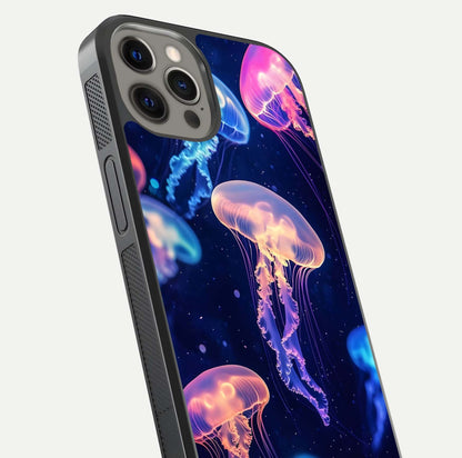 Jellyfish Pattern Glass Case for iPhone 12 Pro Max close-up angled shot showing translucent tentacles and light reflection