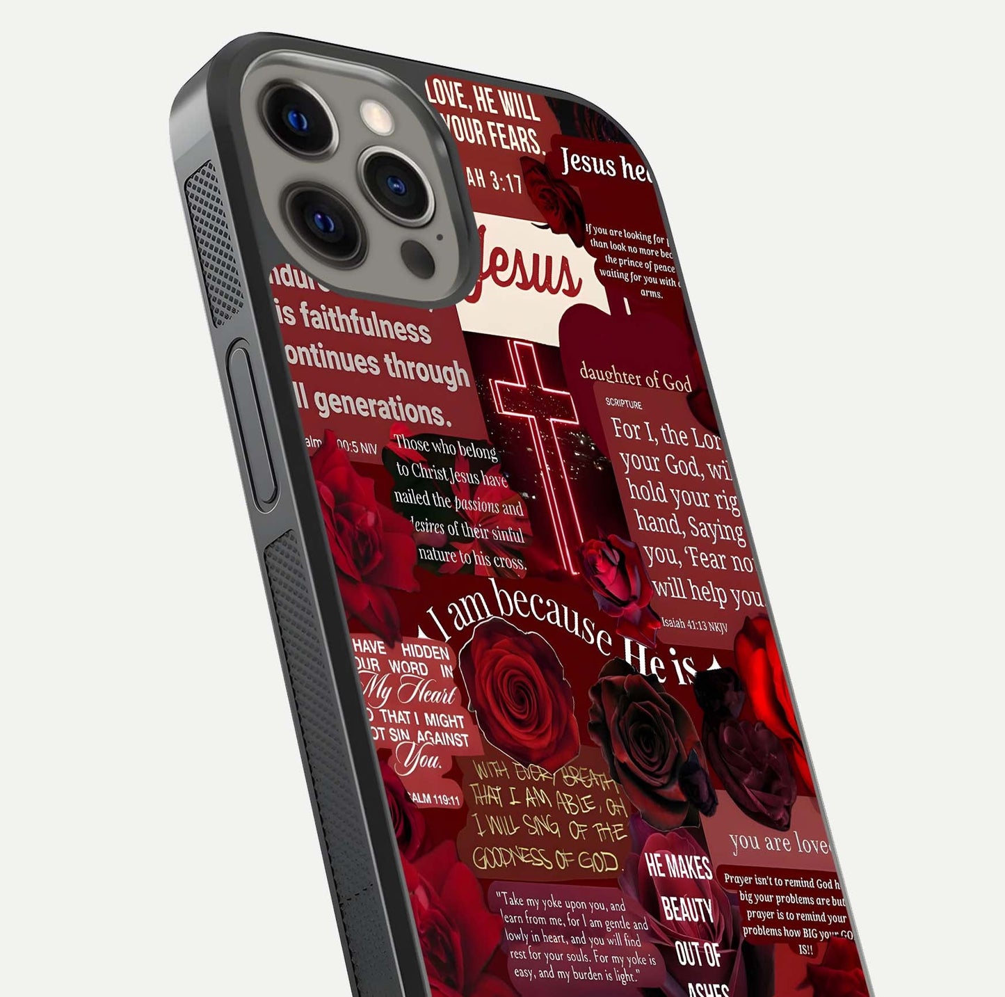 Jesus Love Heals Glass Case for iPhone 12 Pro Max close-up angled shot showing healing text, cross detailing, and reflection