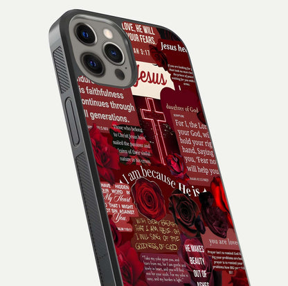 Jesus Love Heals Glass Case for iPhone 12 Pro Max close-up angled shot showing healing text, cross detailing, and reflection
