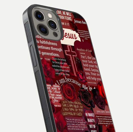 Jesus Love Heals Glass Case for iPhone 12 Pro Max close-up angled shot showing healing text, cross detailing, and reflection
