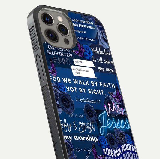 Kingdom Faith Glow Glass Case for iPhone 12 Pro Max close-up angled shot showing luminous text and divine reflection