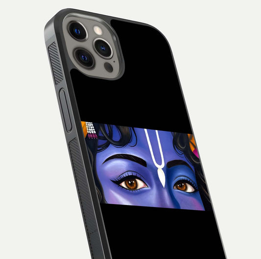 Krishna Eye Glass Case for iPhone 12 Pro Max close-up angled shot showing intricate artwork and reflection shine