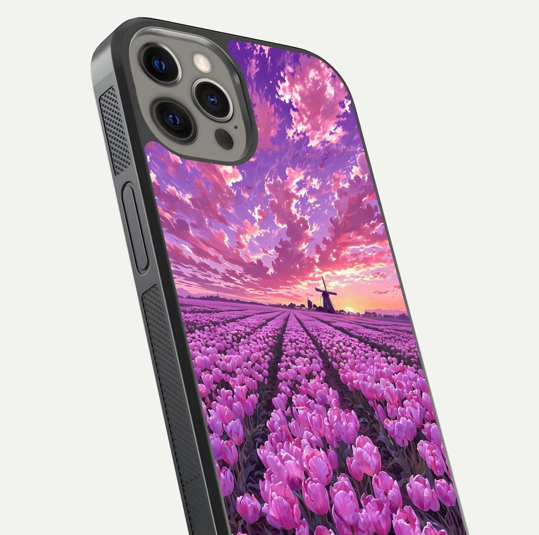 Lavender Dream Skies Glass Case for iPhone 12 Pro Max close-up angled shot showing purple hues and soft reflection