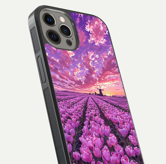 Lavender Dream Skies Glass Case for iPhone 12 Pro Max close-up angled shot showing purple hues and soft reflection