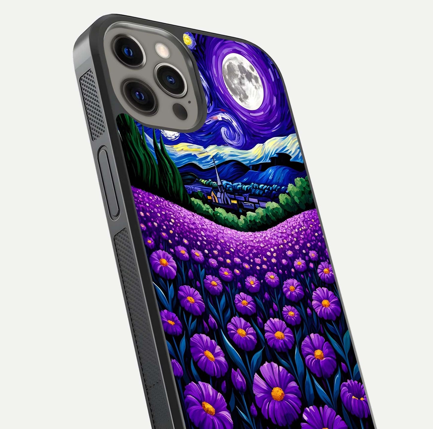 Lavender Moon Field Glass Case for iPhone 12 Pro Max close-up angled shot showing moon glow and purple detailing