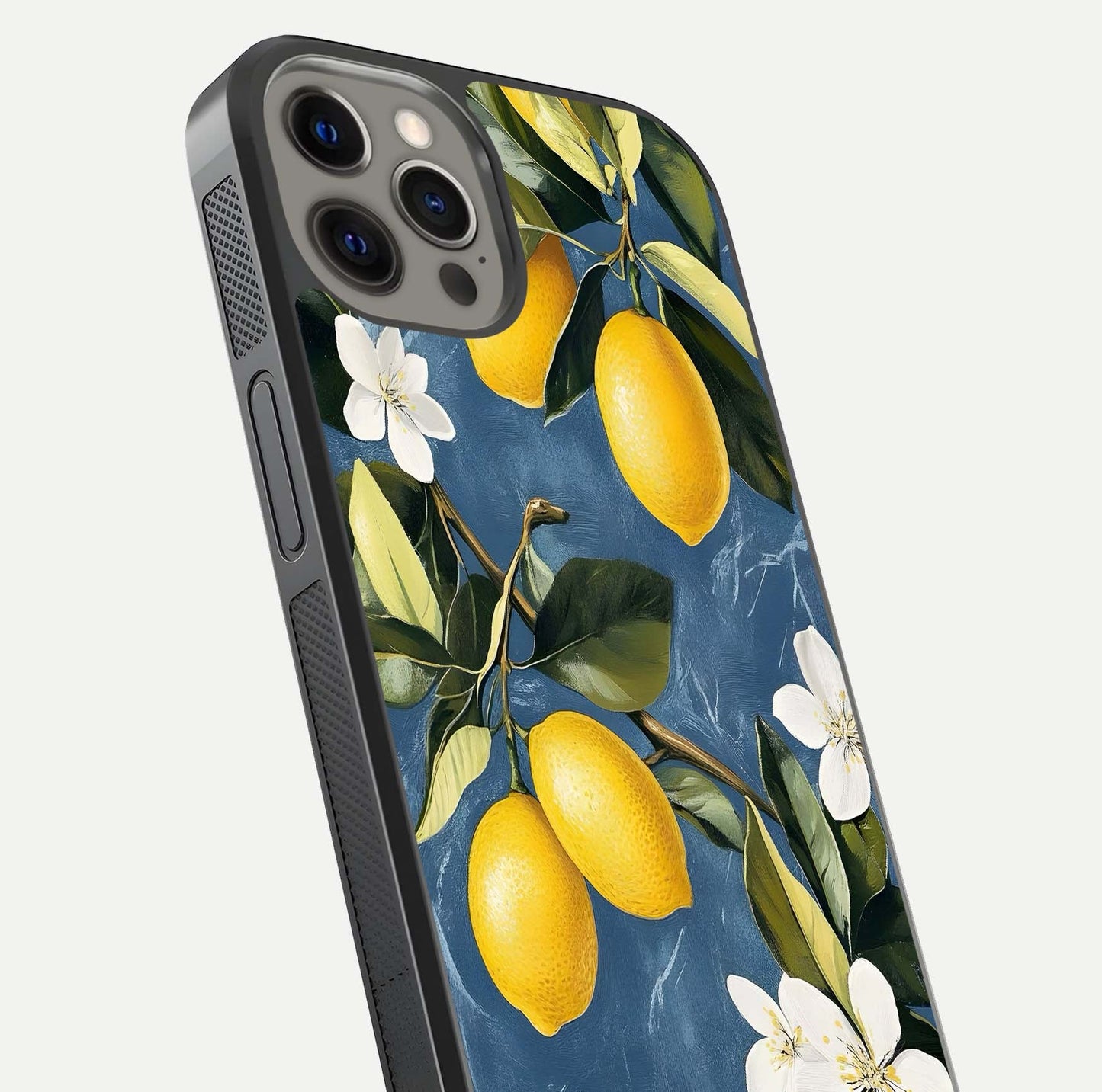 Lemon Dream Garden Glass Case for iPhone 12 Pro Max close-up angled shot showing fruit details and shine reflection
