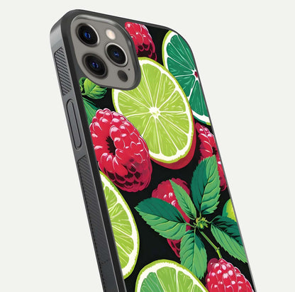 Lime and Raspberry Pattern Glass Case for iPhone 12 Pro Max angled close-up showing fruit texture and reflection glow