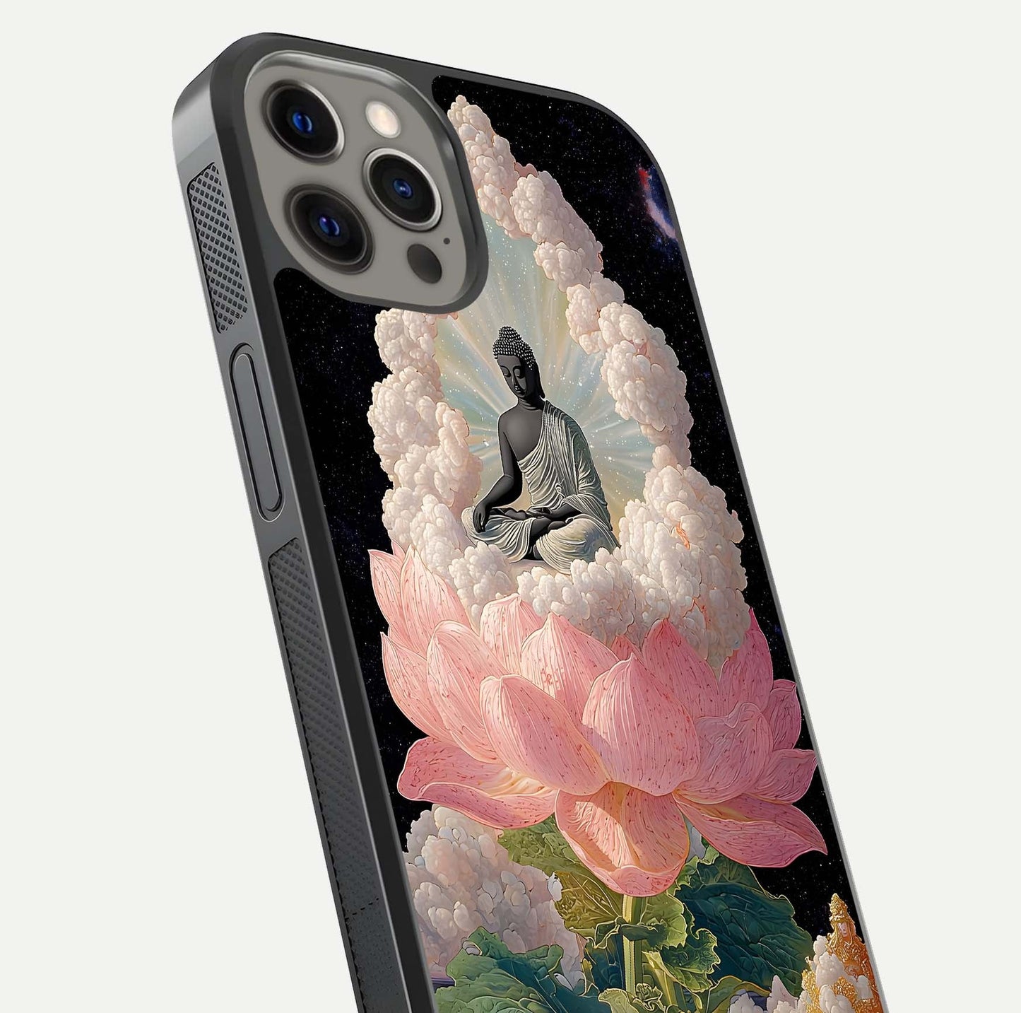 Lotus Divine Peace Glass Case for iPhone 12 Pro Max angled close-up showing delicate petals and gloss reflection