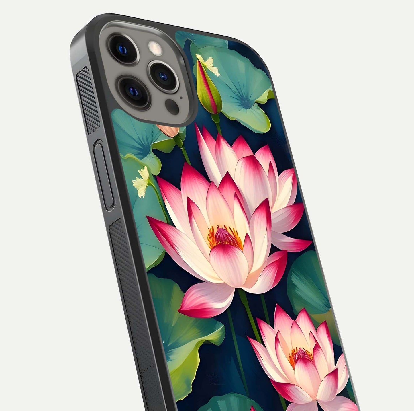Lotus Dream Serenity Glass Case for iPhone 12 Pro Max close-up angled shot showing floral details and soft shine
