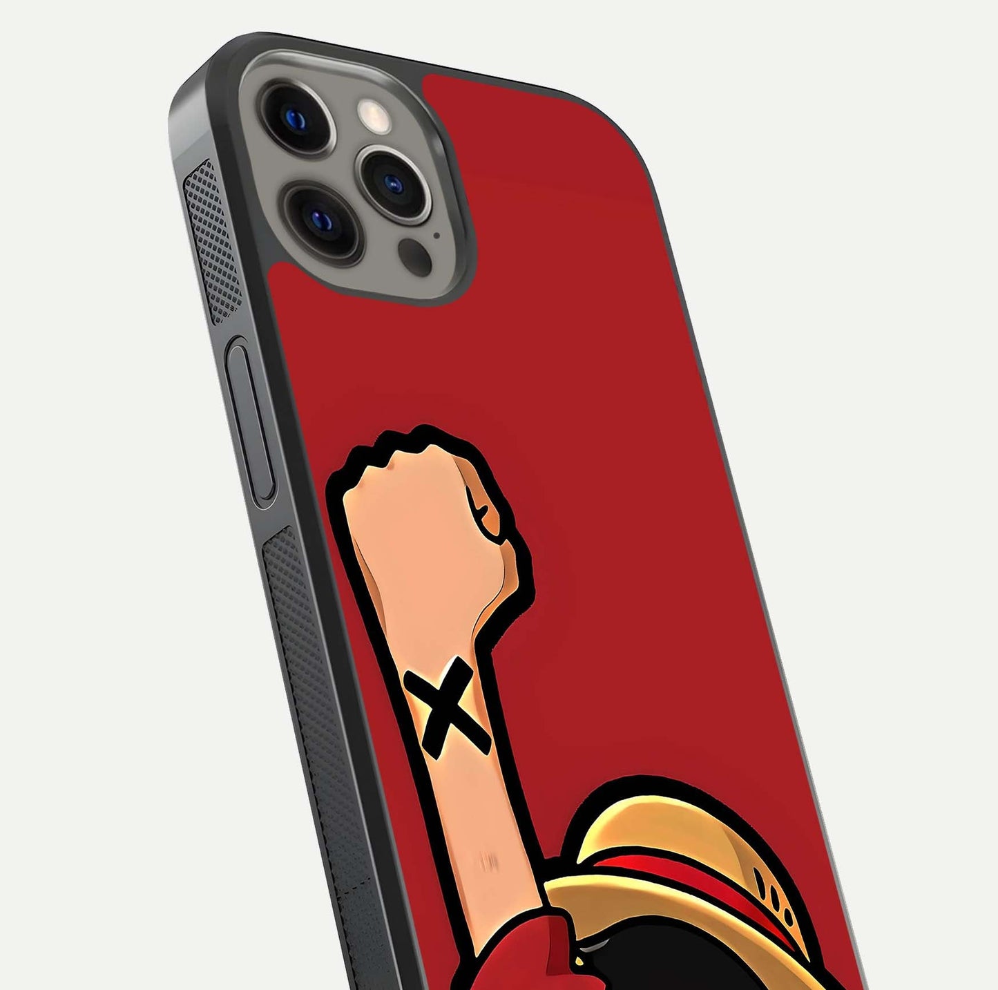 Luffy X Spirit Glass Case for iPhone 12 Pro Max close-up angled shot showing character detailing and gloss texture