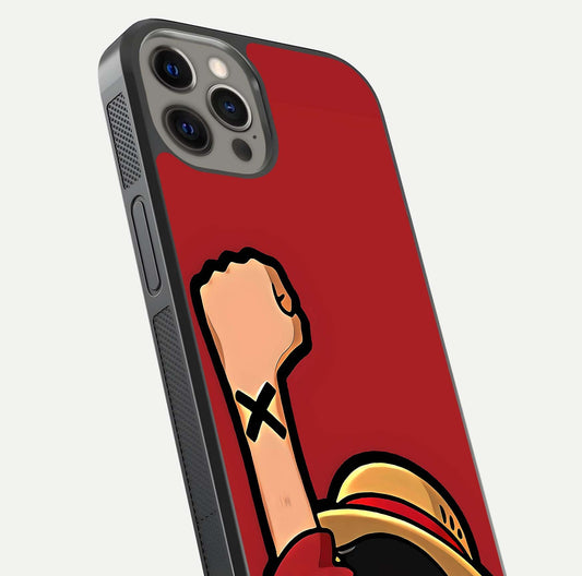 Luffy X Spirit Glass Case for iPhone 12 Pro Max close-up angled shot showing character detailing and gloss texture