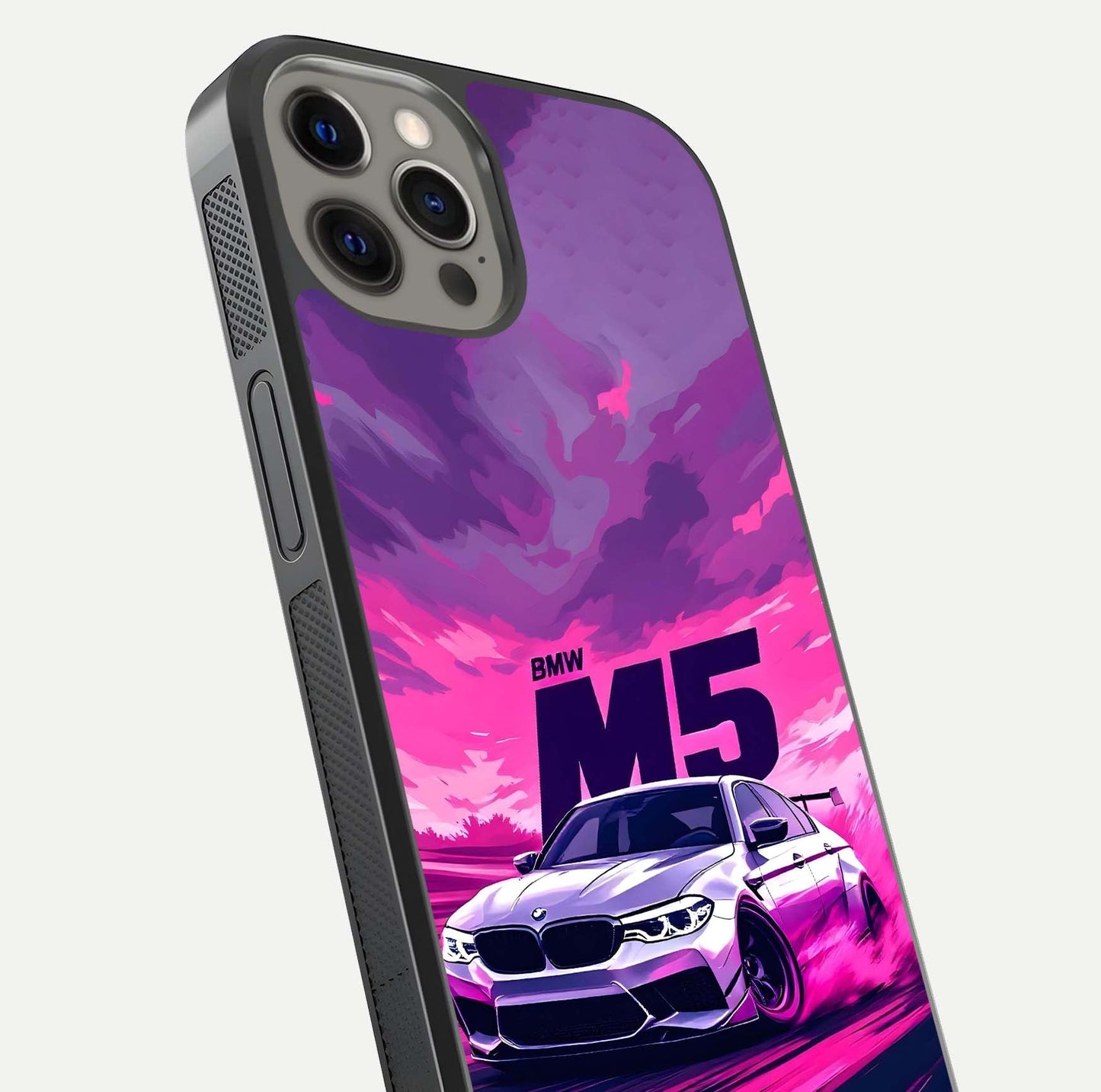 MS Neon Car Glass Case for iPhone 12 Pro Max close-up angled shot showing vivid neon reflections and shine
