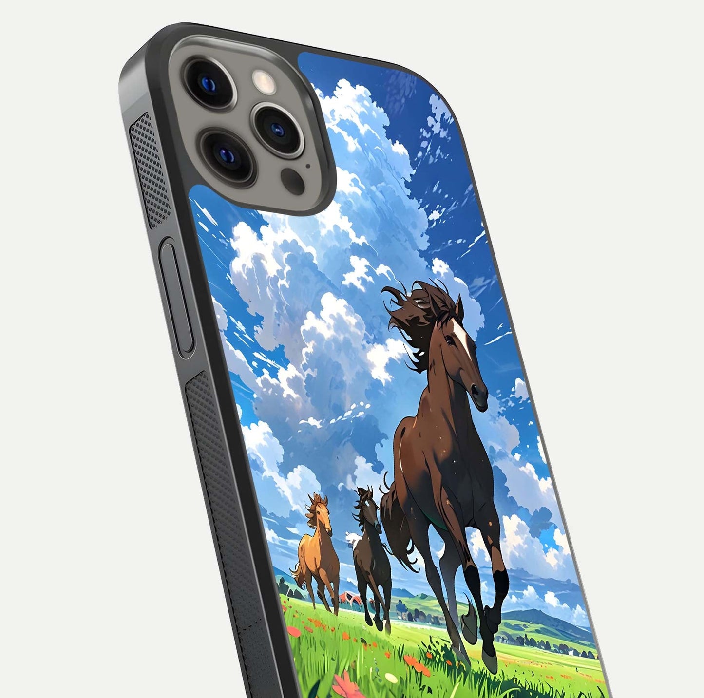 Majestic Horses Galloping Glass Case for iPhone 12 Pro Max close-up angled shot showing horse motion and reflection