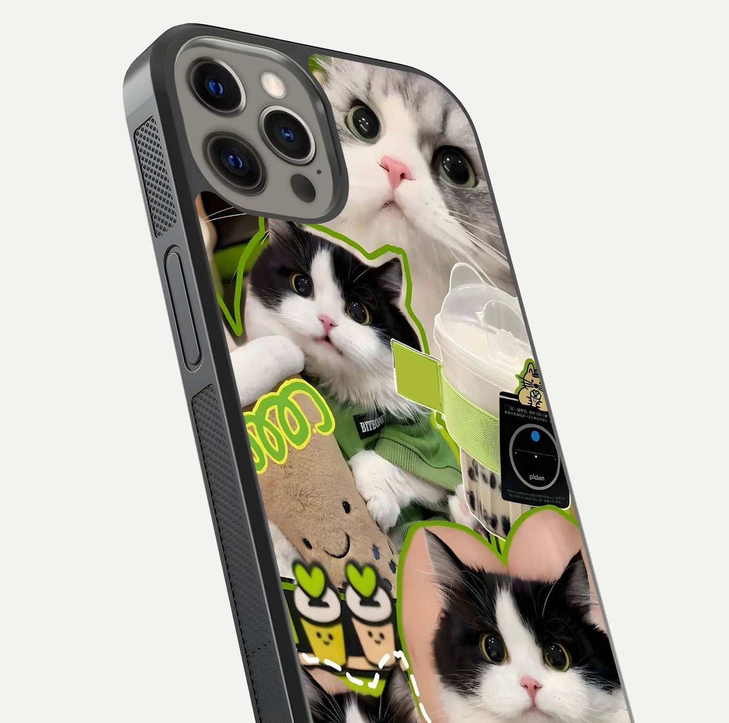 Matcha Cats Mood Glass Case for iPhone 12 Pro Max close-up angled shot showing adorable cat art and reflection detail