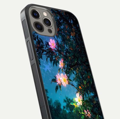 Midnight Bloom Glow Glass Case for iPhone 12 Pro Max close-up angled shot showing petal highlights and glow reflection