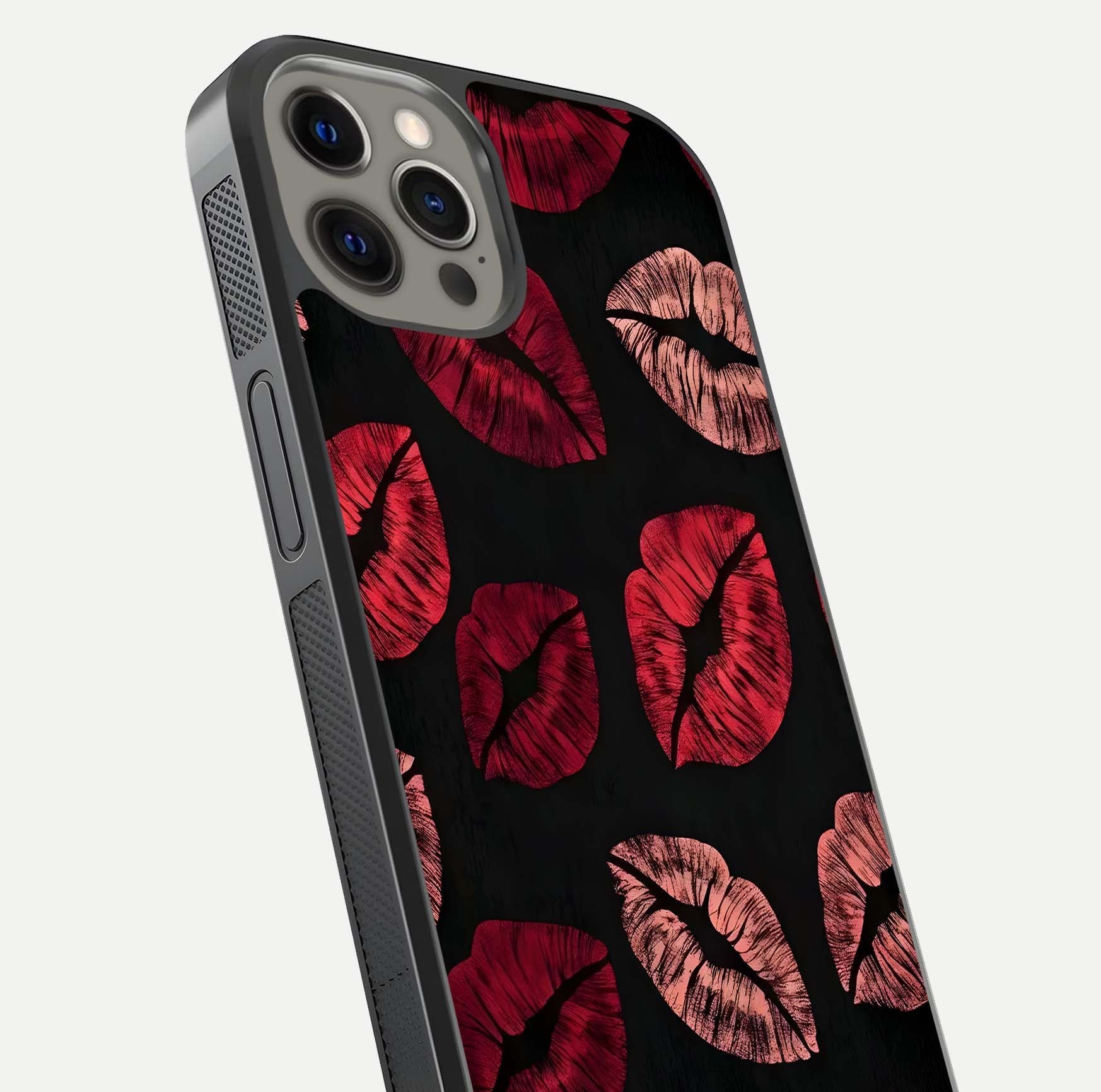 Midnight Kiss Love Glass Case for iPhone 12 Pro Max close-up angle highlighting red accents and reflection shine