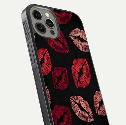 Midnight Kiss Love Glass Case for iPhone 12 Pro Max close-up angle highlighting red accents and reflection shine