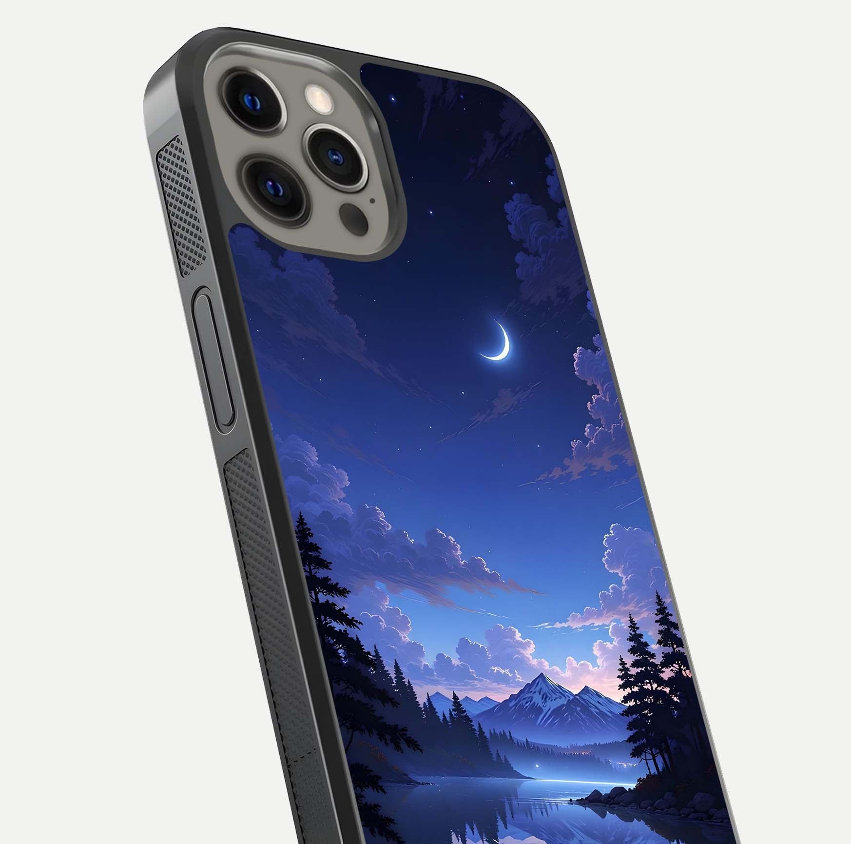 Midnight Lake Peace Glass Case for iPhone 12 Pro Max close-up angled shot showing blue night tones and reflection