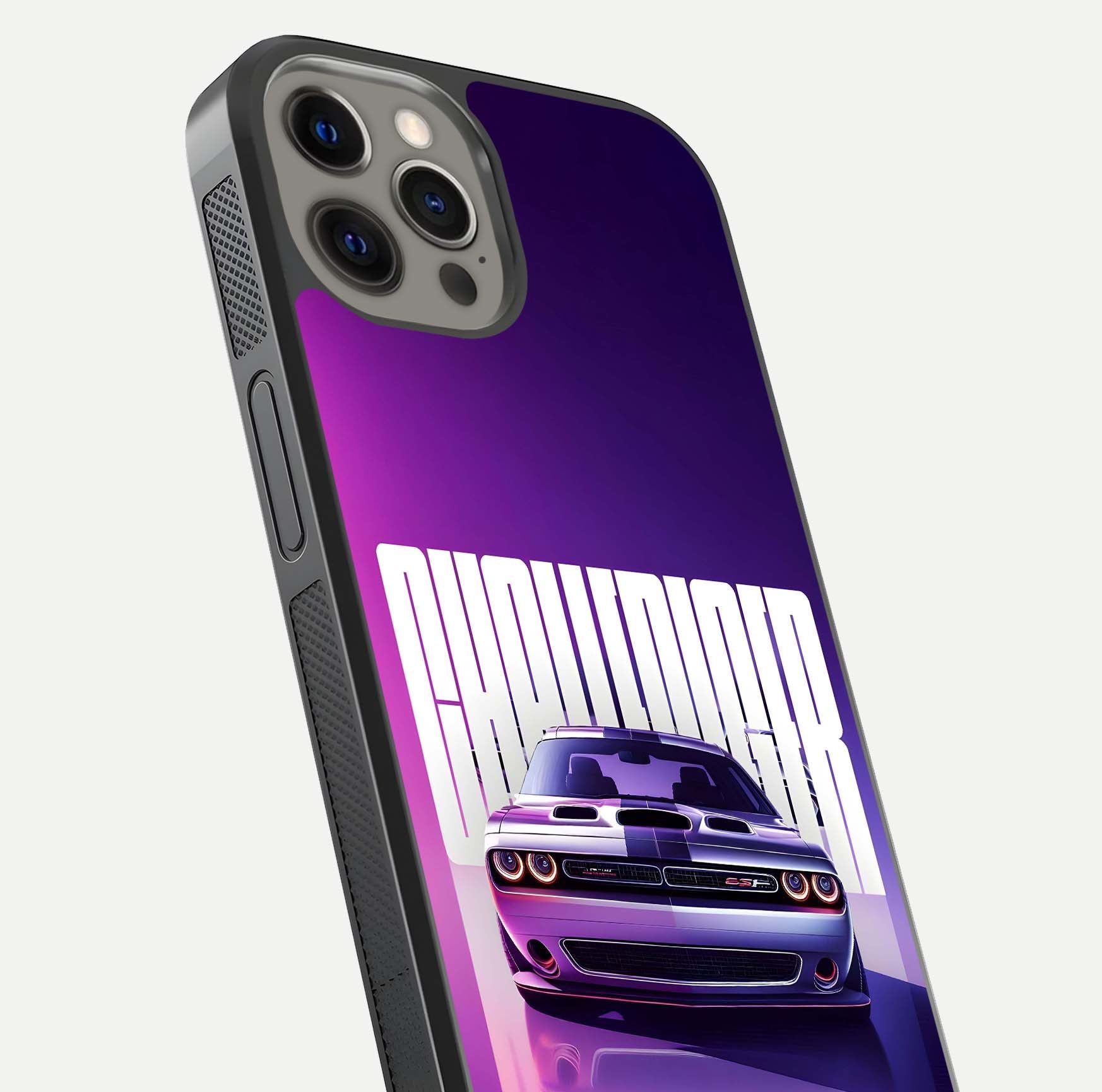 Midnight Muscle Ride Glass Case for iPhone 12 Pro Max close-up angled shot showing HD reflections and car details