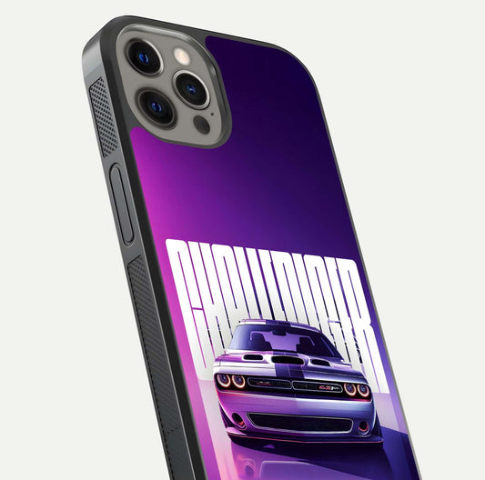 Midnight Muscle Ride Glass Case for iPhone 12 Pro Max close-up angled shot showing HD reflections and car details