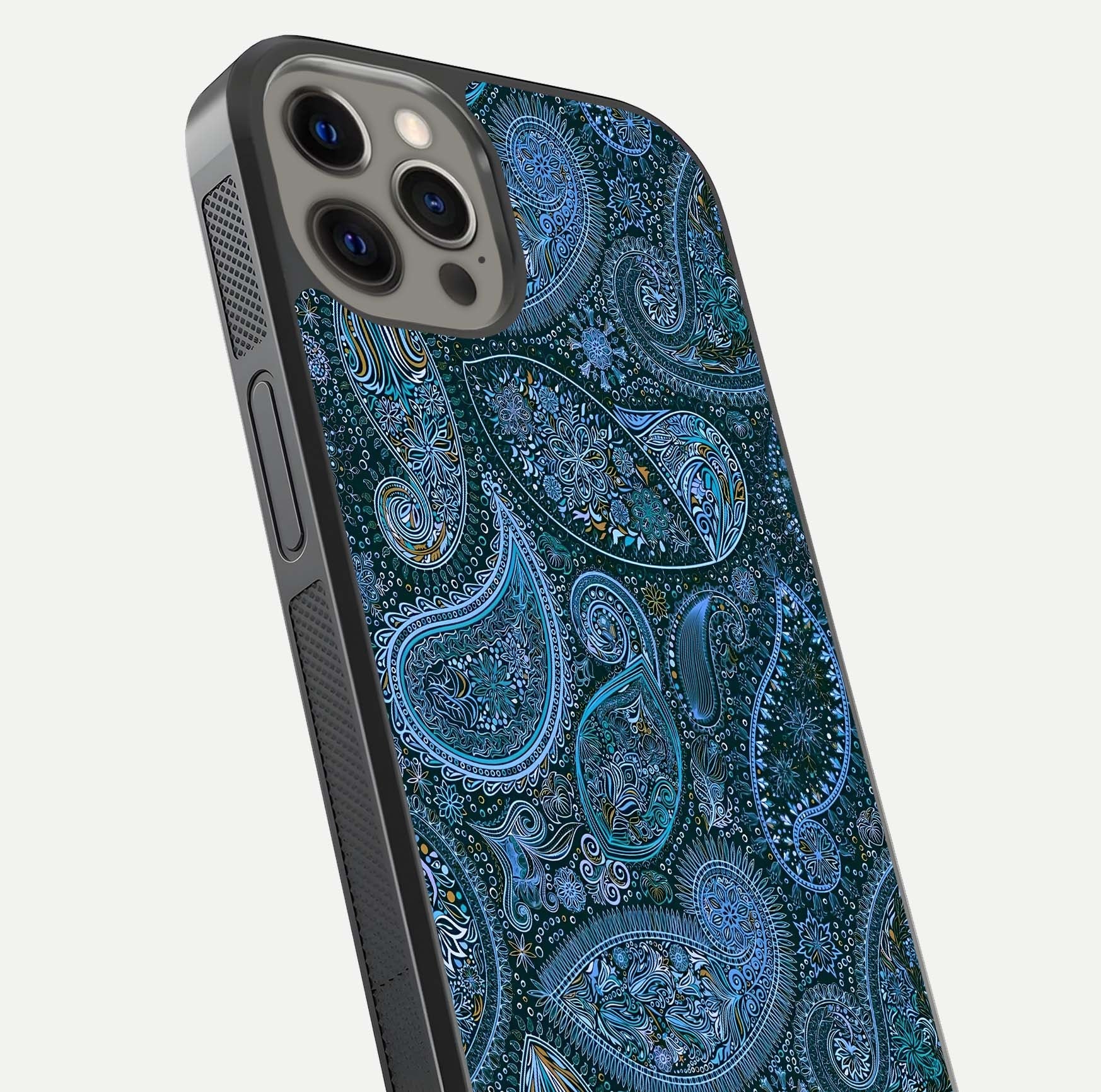 Midnight Paisley Glow Glass Case for iPhone 12 Pro Max close-up angled shot showing floral details and gloss texture