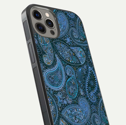 Midnight Paisley Glow Glass Case for iPhone 12 Pro Max close-up angled shot showing floral details and gloss texture