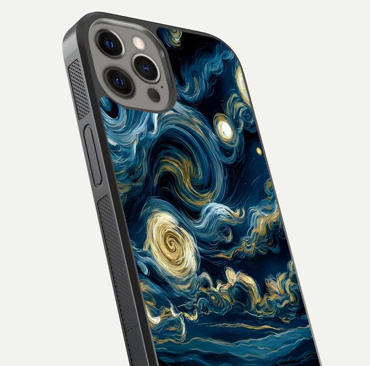 Midnight Sky Whirl Glass Case for iPhone 12 Pro Max close-up angle showing spiral design and HD gloss reflection
