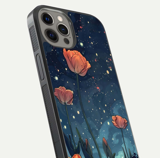 Midnight Tulip Glow Glass Case for iPhone 12 Pro Max close-up angled shot showing petal details and reflection glow