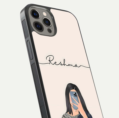Mirror Mood Muse Custom Name Glass Case for iPhone 12 Pro Max close-up angled shot highlighting gloss and mirror depth