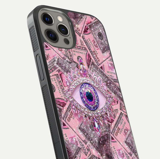 Money Eye Luxe Glass Case for iPhone 12 Pro Max close-up angled shot showing gold detailing and reflection shine