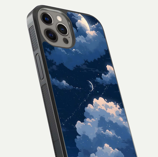 Moon Dream Haze Glass Case for iPhone 12 Pro Max close-up angled shot showing moon reflection and subtle glow