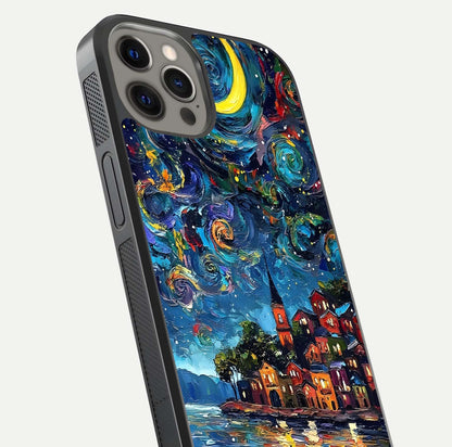 Moonlight Harbor Glow Glass Case for iPhone 12 Pro Max close-up angled shot showing reflection and moonlight glow