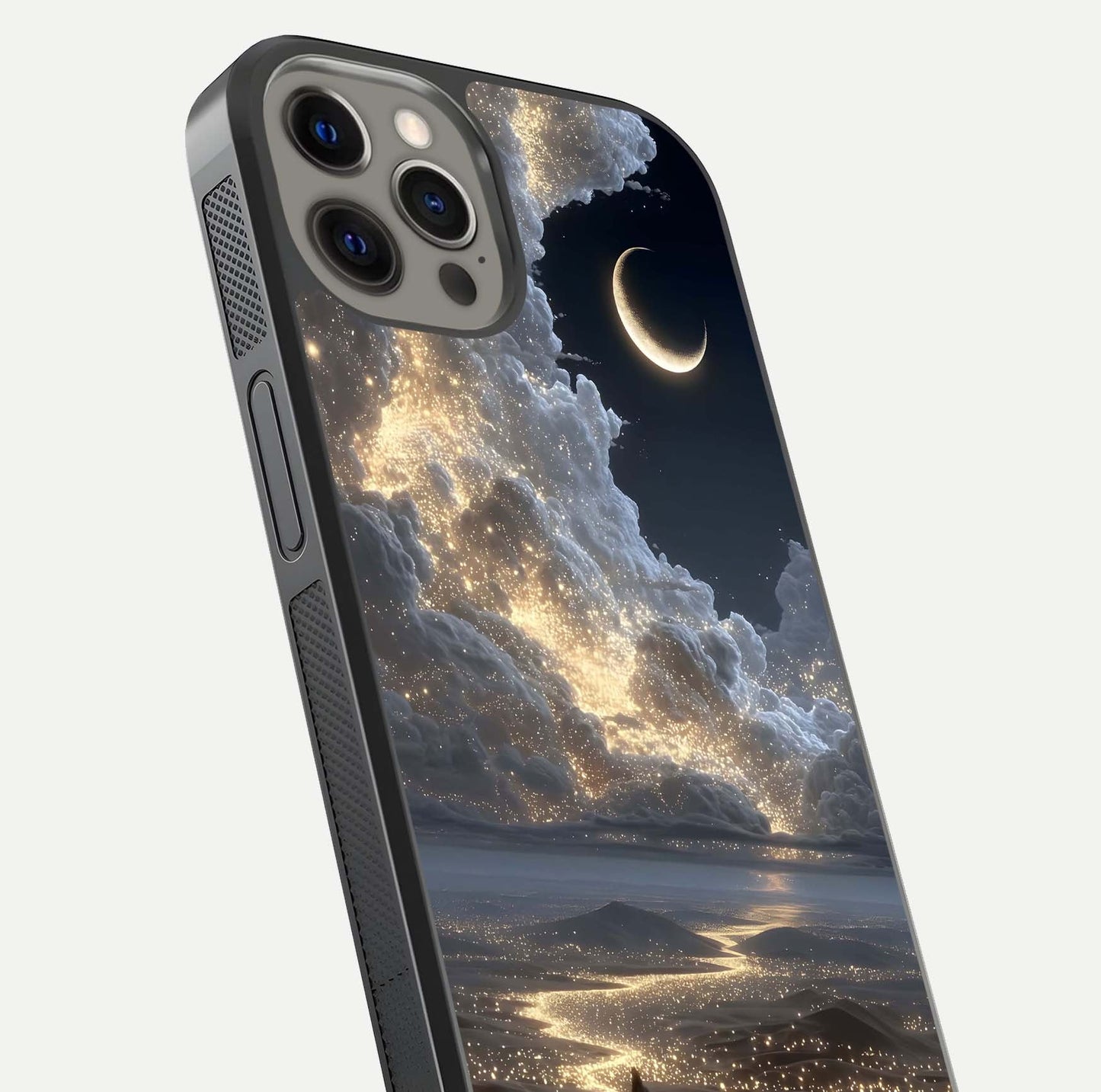 Moonlight Spark Path Glass Case for iPhone 12 Pro Max close-up angled shot showing glowing stars and reflection