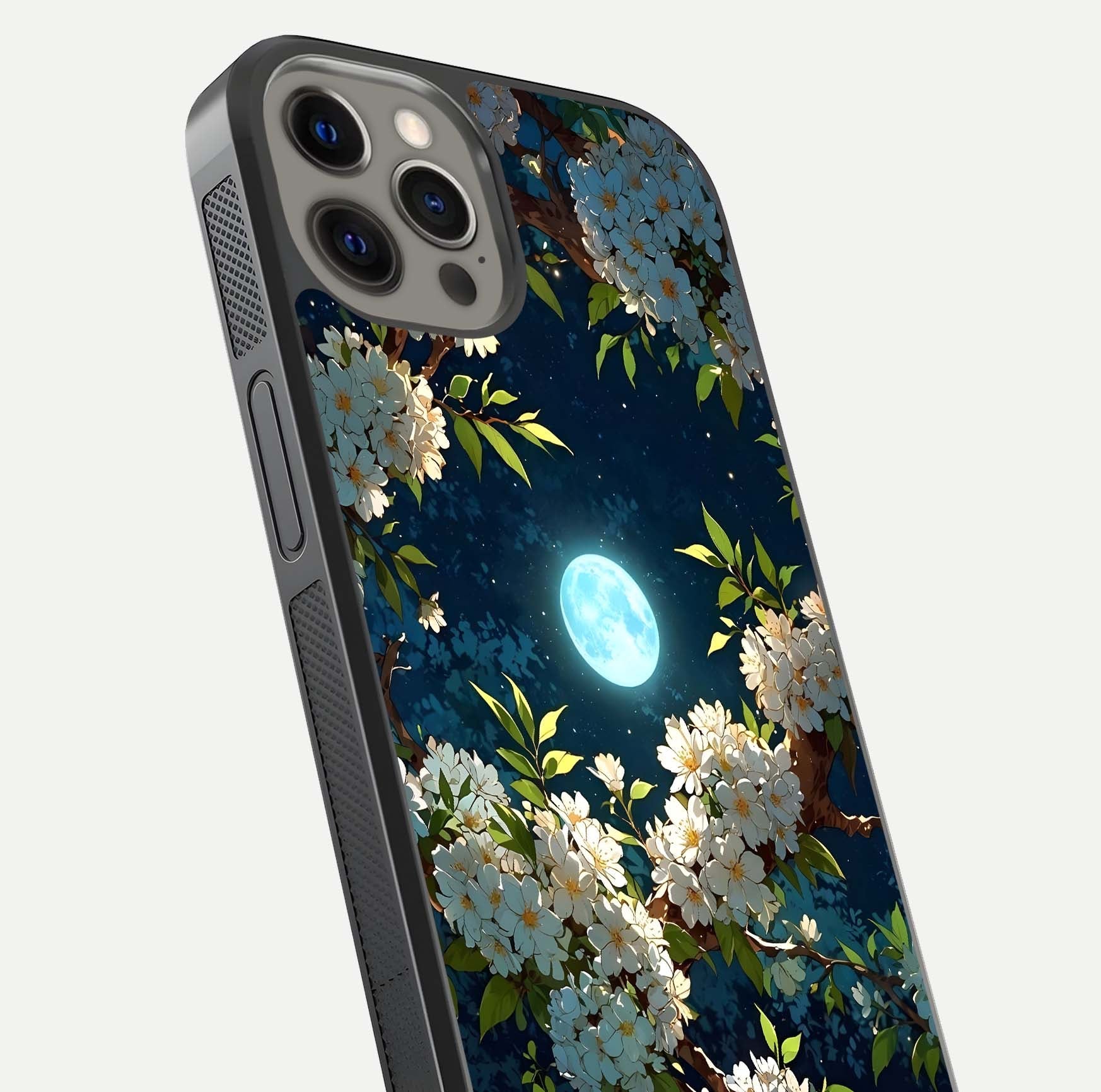 Moonlit Blossom Dream Glass Case for iPhone 12 Pro Max close-up angled shot showing glowing petals and reflection