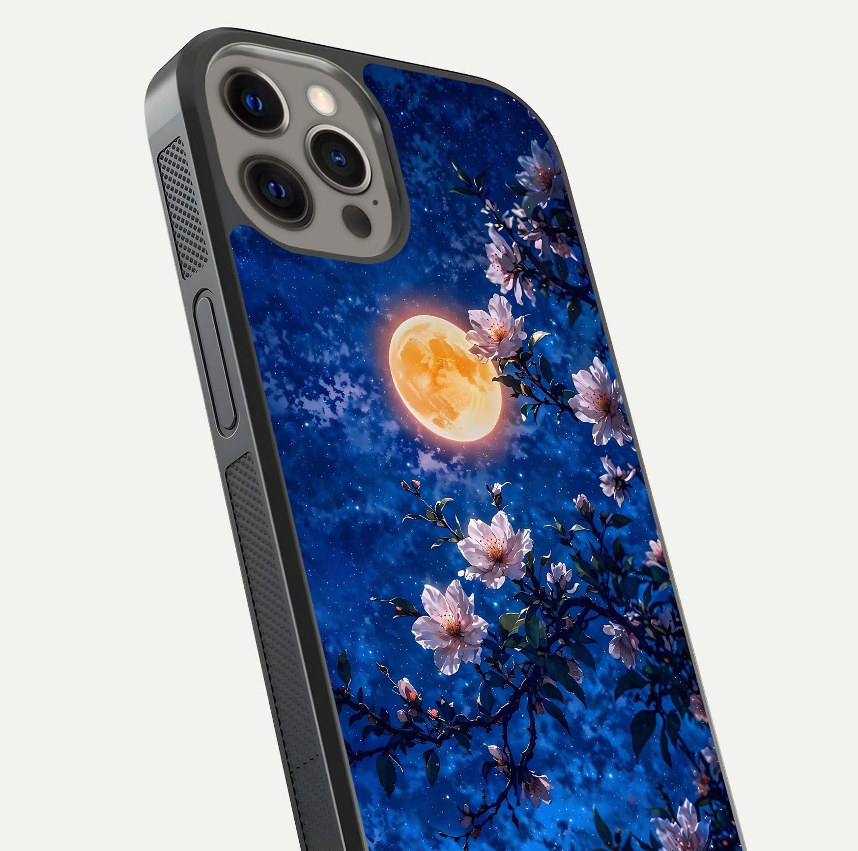 Moonlit Blossoms Night Glass Case for iPhone 12 Pro Max close-up angled shot showing petal glow and reflection detail