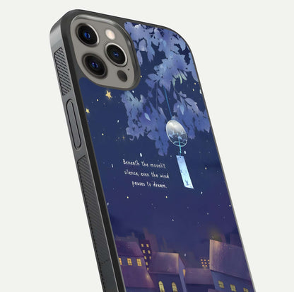 Moonlit Cat Silence Glass Case for iPhone 12 Pro Max close-up angled shot showing soft glow and reflection texture